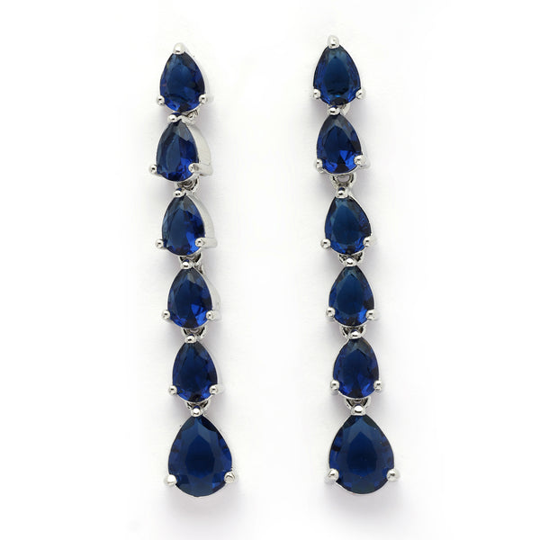 Rhodium Plated Silver Toned Teardrop Shaped Navy Blue American Diamond Studded Linear Dangler Earrings