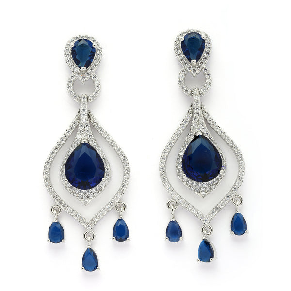 Rhodium Plated Silver Toned Teardrop Shaped Blue & White American Diamond Studded Earrings