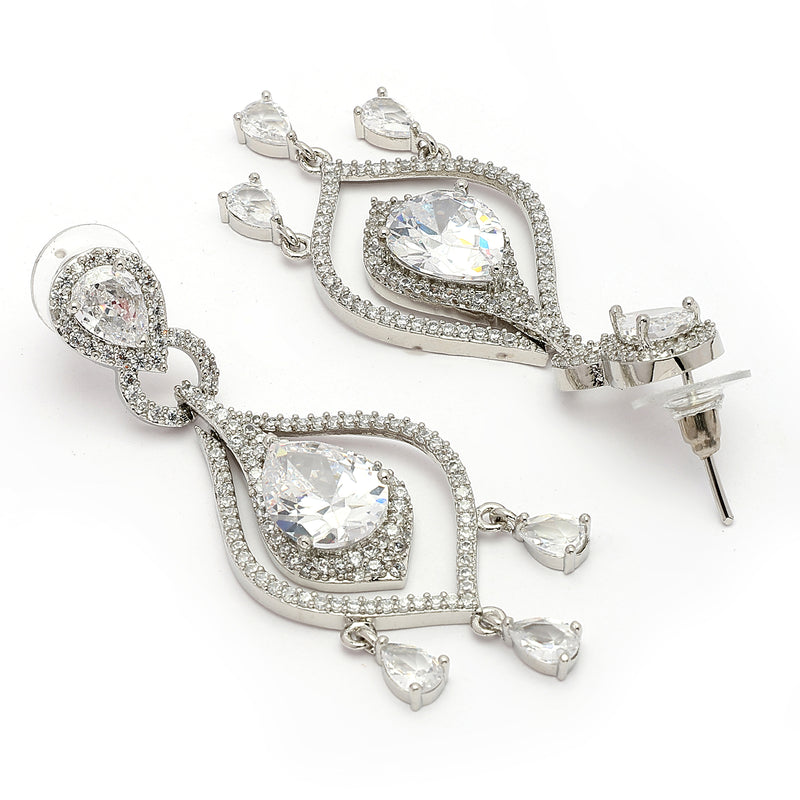 Rhodium Plated Silver Toned Teardrop Shaped White American Diamond Studded Earrings
