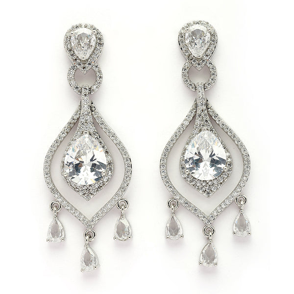 Rhodium Plated Silver Toned Teardrop Shaped White American Diamond Studded Earrings