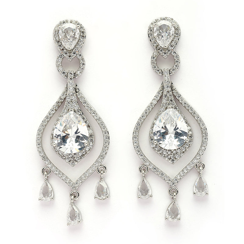 Rhodium Plated Silver Toned Teardrop Shaped White American Diamond Studded Earrings