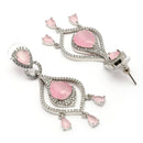 Rhodium Plated Silver Toned Teardrop Shaped Pink & White American Diamond Studded Earrings