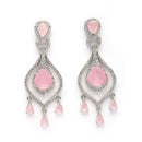 Rhodium Plated Silver Toned Teardrop Shaped Pink & White American Diamond Studded Earrings