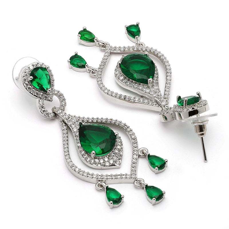 Rhodium Plated Silver Toned Teardrop Shaped Green & White American Diamond Studded Earrings