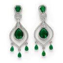 Rhodium Teardrop Green American Diamond Contemporary Long Drop Earrings