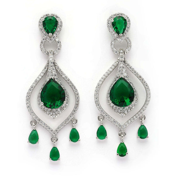 Rhodium Plated Silver Toned Teardrop Shaped Green & White American Diamond Studded Earrings
