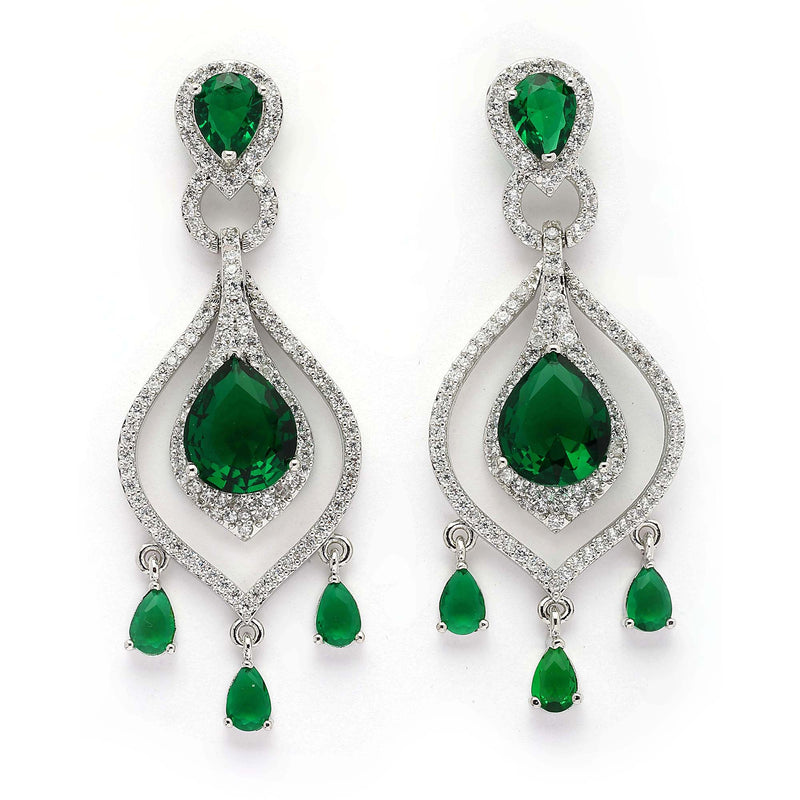Rhodium Plated Silver Toned Teardrop Shaped Green & White American Diamond Studded Earrings