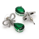 Rhodium Plated Silver Toned Bow Shaped Green & White American Diamond Studded Drop Earrings