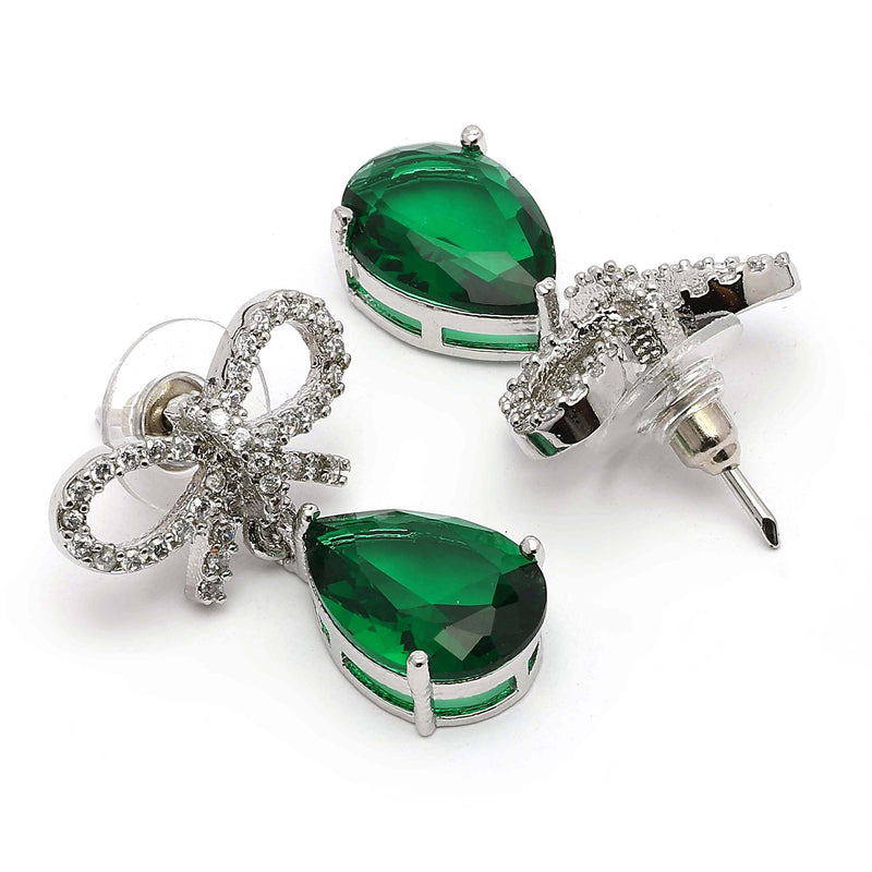 Rhodium Plated Silver Toned Bow Shaped Green & White American Diamond Studded Drop Earrings