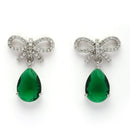 Rhodium Plated Silver Toned Bow Shaped Green & White American Diamond Studded Drop Earrings