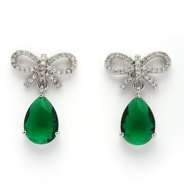 Rhodium Plated Silver Toned Bow Shaped Green & White American Diamond Studded Drop Earrings