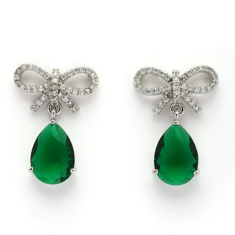 Rhodium Plated Silver Toned Bow Shaped Green & White American Diamond Studded Drop Earrings