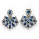 Rhodium Plated Silver Toned Petal Cluster Blue & White American Diamond Studded Earrings