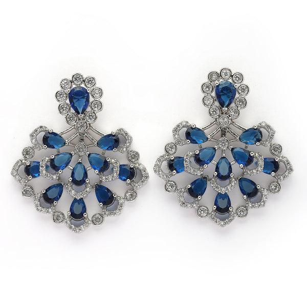Rhodium Plated Silver Toned Petal Cluster Blue & White American Diamond Studded Earrings