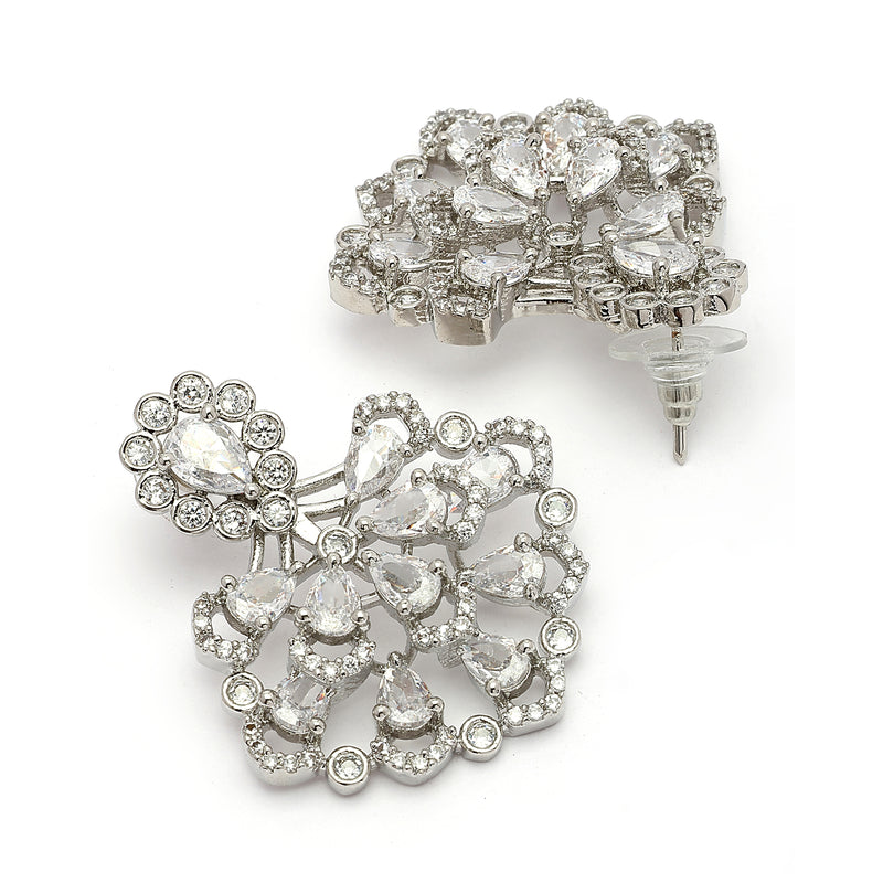 Rhodium Plated Silver Toned Petal Cluster White American Diamond Studded Earrings