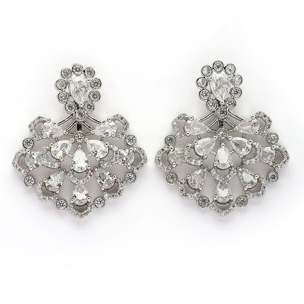 Rhodium Plated Silver Toned Petal Cluster White American Diamond Studded Earrings