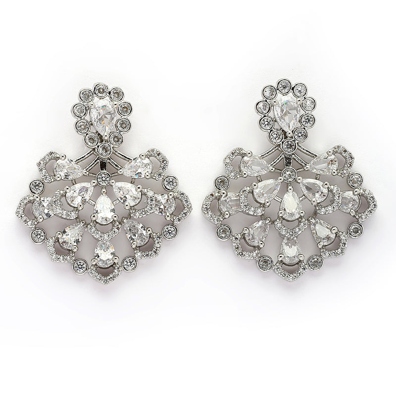 Rhodium Plated Silver Toned Petal Cluster White American Diamond Studded Earrings