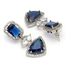 Rhodium Plated Silver Toned Navy Blue & White American Diamond Studded Drop Earrings