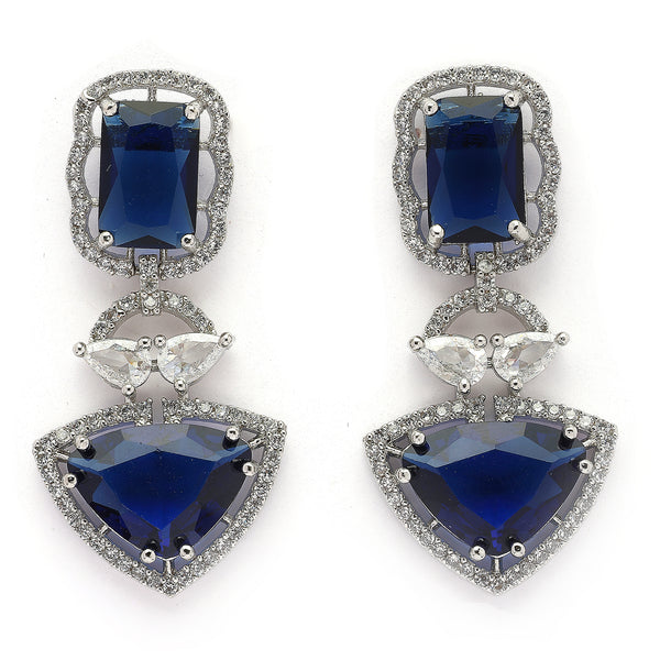 Rhodium Plated Silver Toned Navy Blue & White American Diamond Studded Drop Earrings