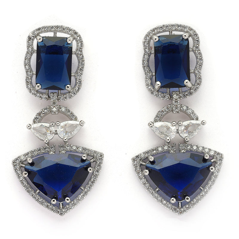 Rhodium Plated Silver Toned Navy Blue & White American Diamond Studded Drop Earrings