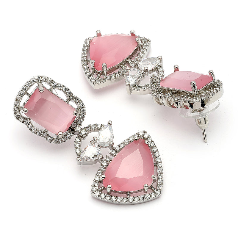Rhodium Plated Silver Toned Pink & White American Diamond Studded Drop Earrings
