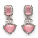 Rhodium Plated Silver Toned Pink & White American Diamond Studded Drop Earrings