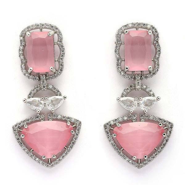 Rhodium Plated Silver Toned Pink & White American Diamond Studded Drop Earrings