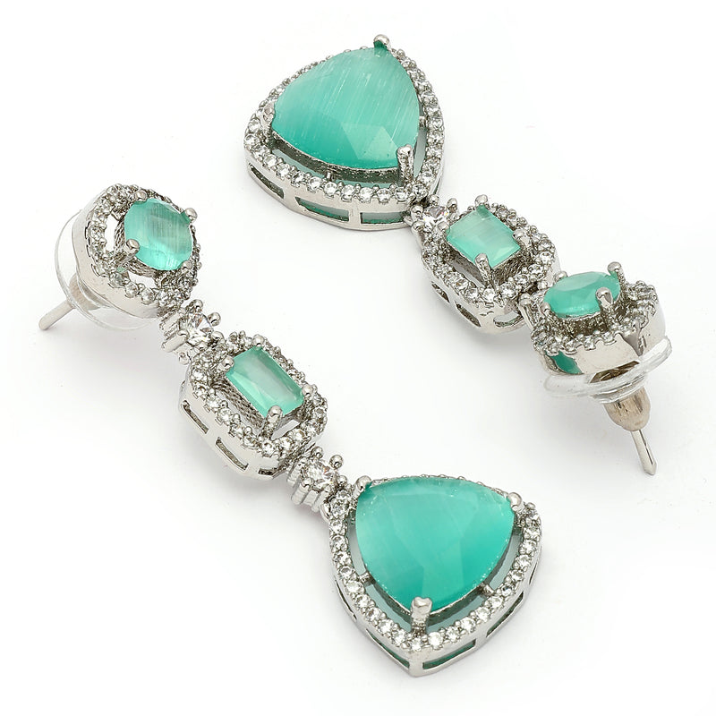 Rhodium Plated Silver Toned Geometric Shaped Sea Green & White American Diamond Studded Drop Earrings