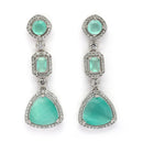 Rhodium Plated Silver Toned Geometric Shaped Sea Green & White American Diamond Studded Drop Earrings