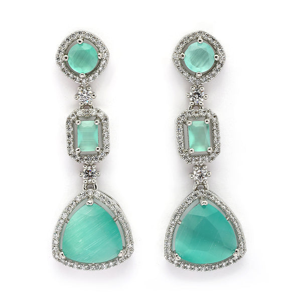 Rhodium Plated Silver Toned Geometric Shaped Sea Green & White American Diamond Studded Drop Earrings