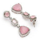 Rhodium Plated Silver Toned Geometric Shaped Pink & White American Diamond Studded Drop Earrings
