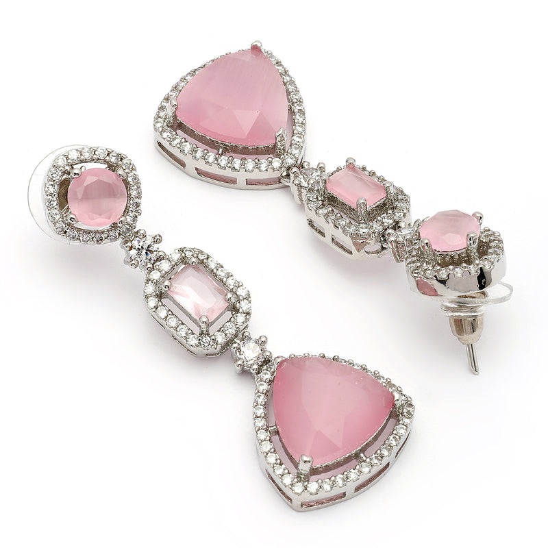 Rhodium Plated Silver Toned Geometric Shaped Pink & White American Diamond Studded Drop Earrings