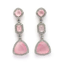 Rhodium Plated Silver Toned Geometric Shaped Pink & White American Diamond Studded Drop Earrings