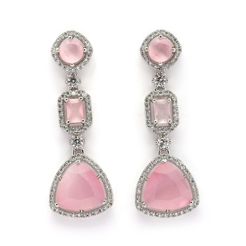 Rhodium Plated Silver Toned Geometric Shaped Pink & White American Diamond Studded Drop Earrings