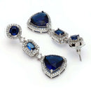 Rhodium Plated Silver Toned Geometric Shaped Navy Blue & White American Diamond Studded Drop Earrings