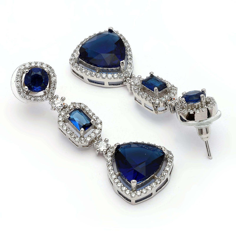 Rhodium Plated Silver Toned Geometric Shaped Navy Blue & White American Diamond Studded Drop Earrings