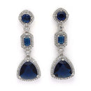 Rhodium Plated Silver Toned Geometric Shaped Navy Blue & White American Diamond Studded Drop Earrings