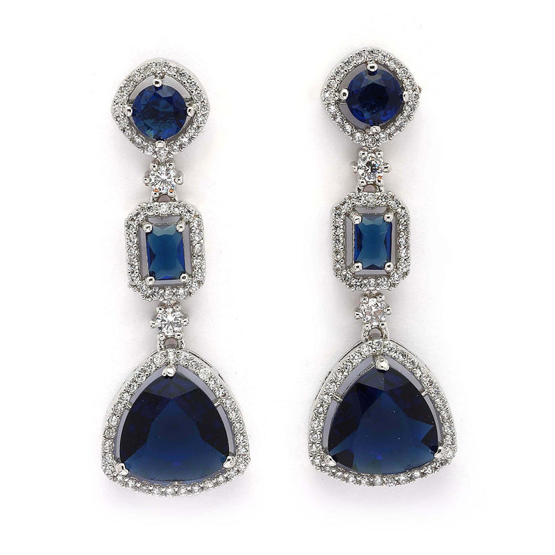 Rhodium Plated Silver Toned Geometric Shaped Navy Blue & White American Diamond Studded Drop Earrings