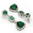 Rhodium Plated Silver Toned Geometric Shaped Green & White American Diamond Studded Drop Earrings