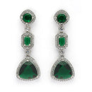 Rhodium Plated Silver Toned Geometric Shaped Green & White American Diamond Studded Drop Earrings
