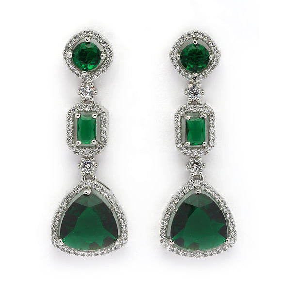 Rhodium Plated Silver Toned Geometric Shaped Green & White American Diamond Studded Drop Earrings