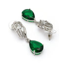 Rhodium Plated Silver Toned Teardrop Shaped Green & White American Diamond Studded Drop Earrings