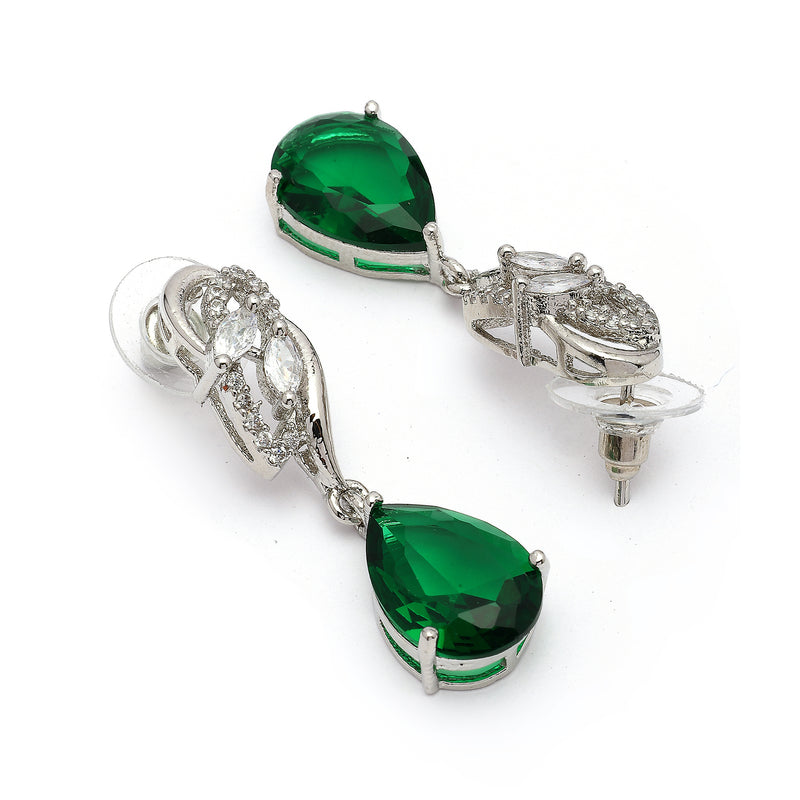 Rhodium Plated Silver Toned Teardrop Shaped Green & White American Diamond Studded Drop Earrings