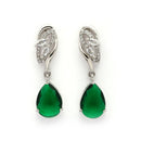 Rhodium Plated Silver Toned Teardrop Shaped Green & White American Diamond Studded Drop Earrings