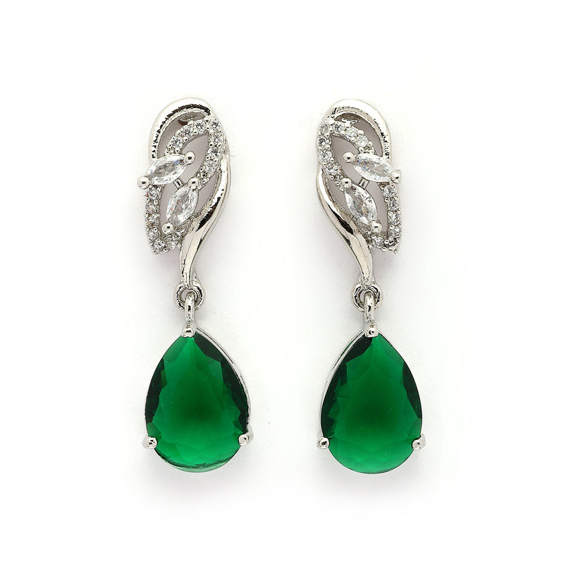 Rhodium Plated Silver Toned Teardrop Shaped Green & White American Diamond Studded Drop Earrings
