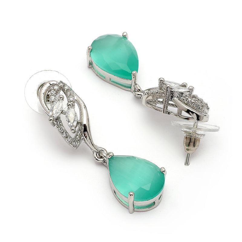 Rhodium Plated Silver Toned Teardrop Shaped Sea Green & White American Diamond Studded Drop Earrings