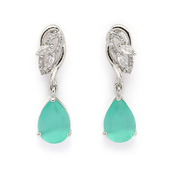Rhodium Plated Silver Toned Teardrop Shaped Sea Green & White American Diamond Studded Drop Earrings