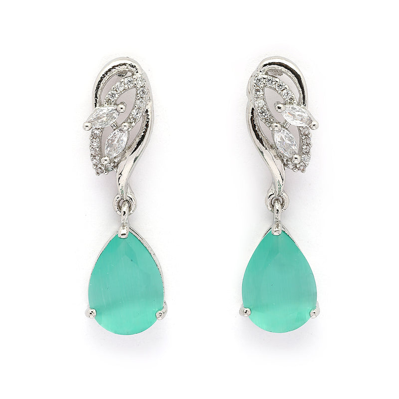 Rhodium Plated Silver Toned Teardrop Shaped Sea Green & White American Diamond Studded Drop Earrings