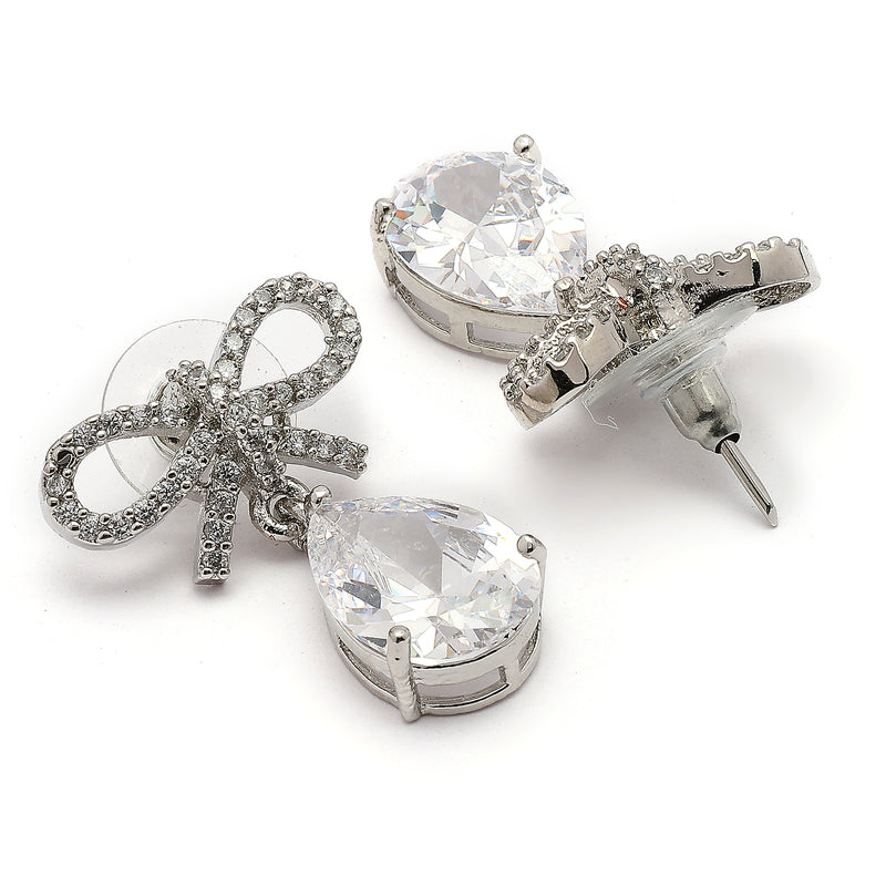 Rhodium Plated Silver Toned Bow Shaped White American Diamond Studded Drop Earrings