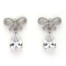 Rhodium Plated Silver Toned Bow Shaped White American Diamond Studded Drop Earrings